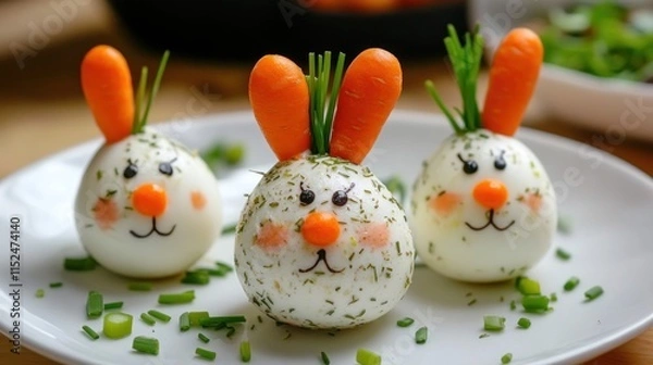 Fototapeta Three adorable Easter bunny deviled eggs on a plate.