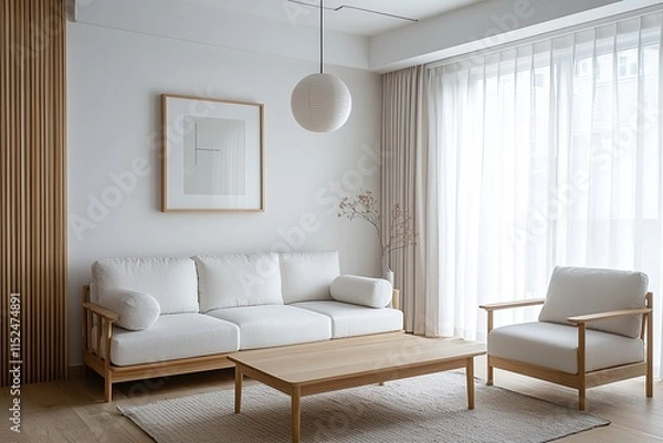 Fototapeta Minimalist, a Scandinavian interior design of a living room with a wood finish to parts of the wall and a white sofa and wood table. Generative AI
