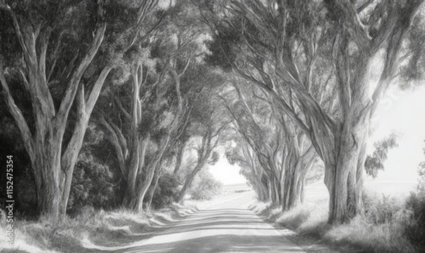 Fototapeta Charming country road lined with tall trees, pencil details of leaves forming a canopy, soft light filtering through branches, nostalgic and serene,