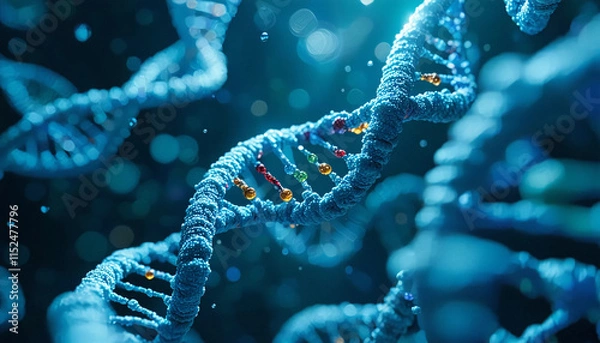 Fototapeta Illustration of genetic engineering, showcasing DNA strands being edited with CRISPR technology, in a futuristic lab setting