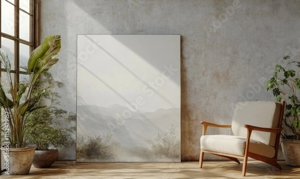 Obraz Empty canvas leaning against textured concrete wall in modern interior with armchair, potted plants, and natural light. Mockup.