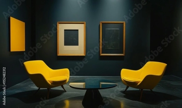 Fototapeta Empty frame display in a dark room with striking yellow furniture.