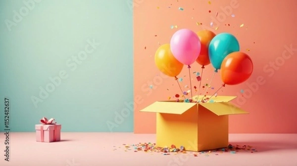 Fototapeta Joyful Celebration Colorful Balloons Bursting from a Gift Box with Festive Confetti