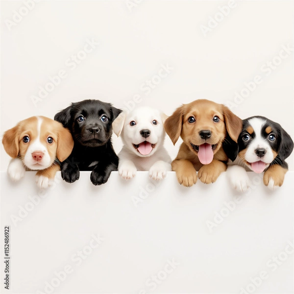 Fototapeta Adorable group of puppies of various breeds laying together on a white background. The cute dogs display playfulness and charm, perfect for pet-related concepts.
