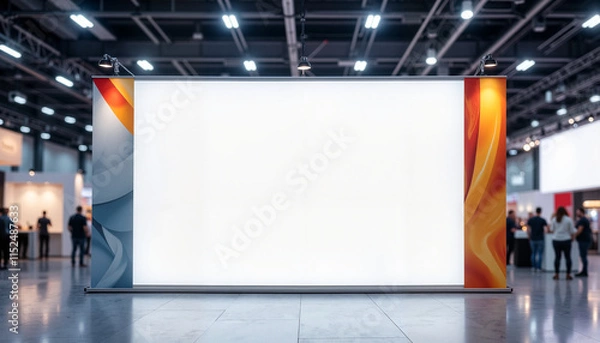 Fototapeta Blank trade show banner with colorful sides in exhibition hall