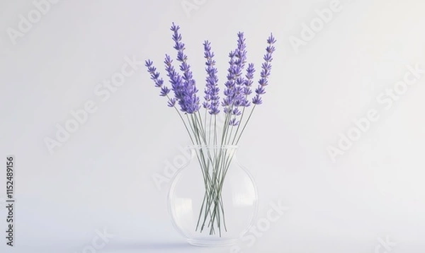 Fototapeta Isolated stem of lavender in a clear glass vase, fine details of flowers and minimalist composition emphasized.