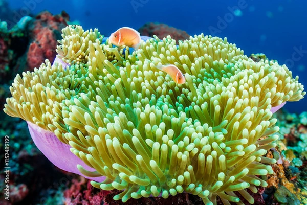 Obraz Pink Skunk Clownfish (Amphiprion perideraion) in their host anemone on a tropical coral reef