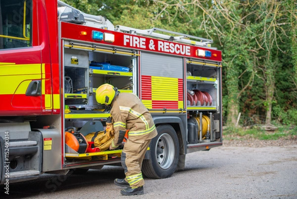 Obraz Emergency firefighter taking equipment from a fire engine