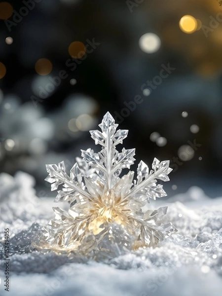Fototapeta ice crystal, like Christmas stars illuminate and act as a backdrop to the night of vigil, evoking the magic of the holidays. snow crystal in graphic form integrated by AI and personal creativity.