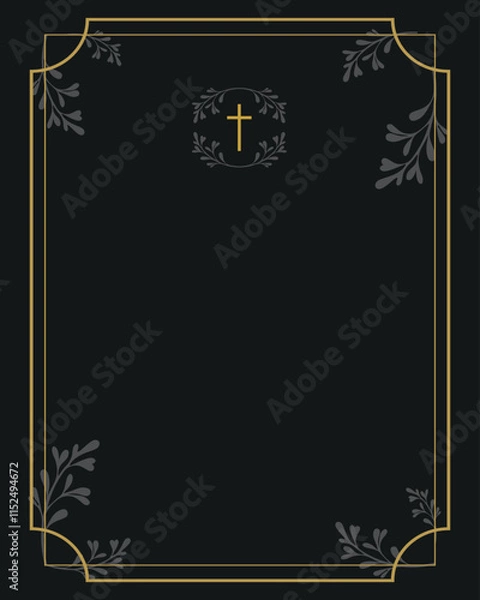 Fototapeta Funeral card. Empty card for funeral with black background and gold frame 