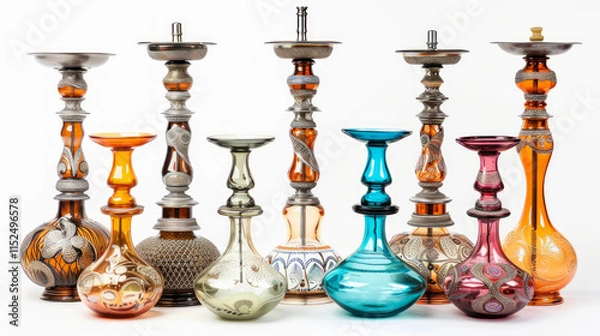 Fototapeta Collection of Colorful Elegant Hookahs Arranged Side by Side. Concept of Traditional Smoking Pipes, Hookah Designs, Intricate Glass Art, Decorative Elements