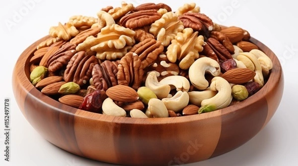 Fototapeta Mixed nuts in a wooden bowl, studio view, isolated on white background.