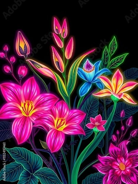 Fototapeta Vibrant botanical illustration in neon colors.