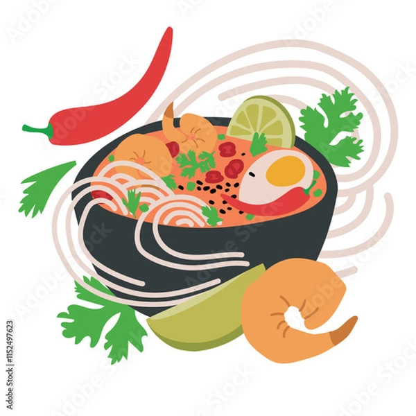 Fototapeta A Vector Illustration of Laksa Soup in a Black Bowl with Shrimp, Noodles, Egg, Lime, and Fresh Herbs