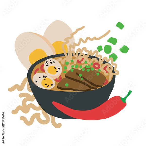 Fototapeta A Vector Illustration of Ramen Soup in a Black Bowl with Meat, Egg, Noodles, Spring Onions, Chili, and Black Sesame