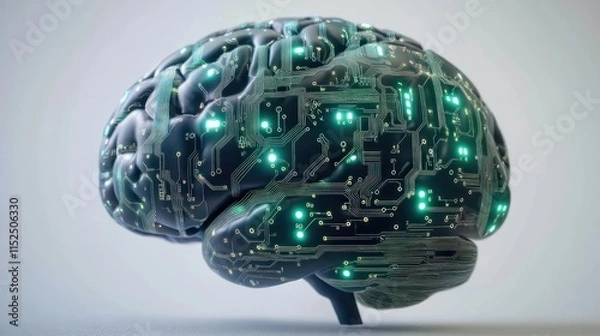 Fototapeta Futuristic human brain with glowing circuit board texture, representing artificial intelligence, technology, and neurology.