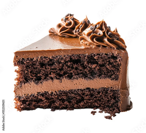 Obraz Delicious chocolate cake slice with creamy layers and chocolate chunks, rich dessert, sweet bakery treat, indulgent food concept isolated on transparent background
