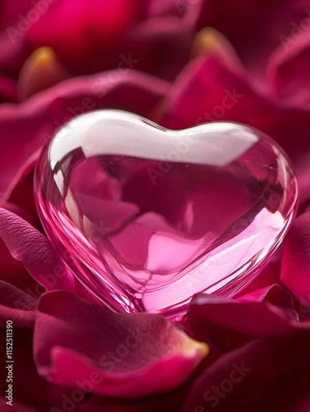 Fototapeta A pink glass heart resting on rose petals, symbolizing love and affection.