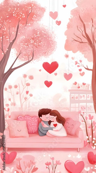 Fototapeta A romantic scene depicting a couple embracing on a pink couch surrounded by hearts and trees.
