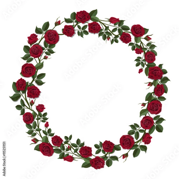 Fototapeta Round wreath of red roses. Floral frame of flowers and buds. Template for greeting card.
