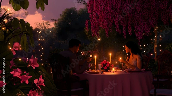 Fototapeta A romantic dinner setting with candles and flowers under a twilight sky.