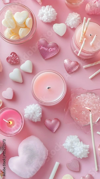 Fototapeta A colorful arrangement of pink candles and heart-shaped sweets for a romantic setting.