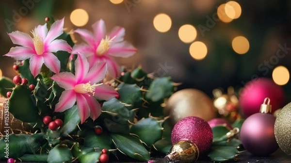 Fototapeta A delicate Christmas cactus in full bloom with pink flowers, surrounded by ornaments and holiday lights
