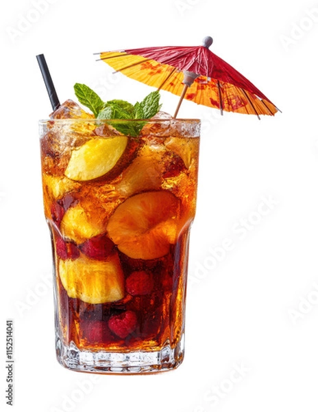 Obraz Refreshing iced cocktail drink with orange slice, raspberry garnish, mint leaves, and decorative umbrella, summer beverage perfect for parties and tropical drinks isolated on transparent background