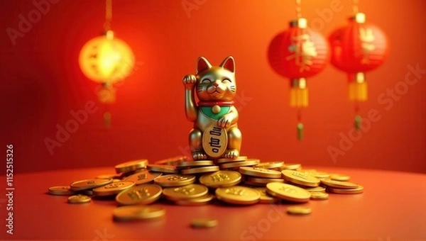 Obraz A golden waving lucky cat sits atop a pile of gold coins, surrounded by glowing red lanterns, symbolizing prosperity and good fortune in a festive Chinese setting. Generative, AI,