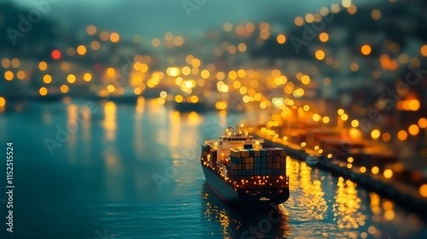 Obraz Container Ship Sailing Through Night City Lights