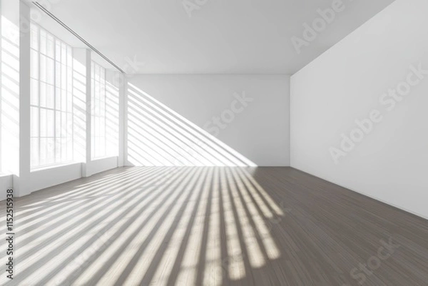 Obraz Sunlight streams through blinds in an empty white room with hardwood floor.