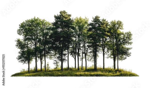 Obraz Lush green forest with tall vibrant trees, dense woodland scene featuring natural foliage, nature environment, and eco-friendly landscape isolated on transparent background