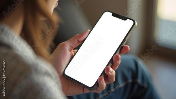 Fototapeta A person is holding a smartphone with a blank white screen. Concept of mobile usage. Mock up