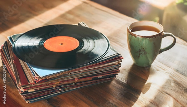 Obraz A vibrant stack of vinyl records leans slightly, their covers creating a joyful display. Nearby, a rustic mug of coffee adds warmth, perfect for a laid-back moment filled with music