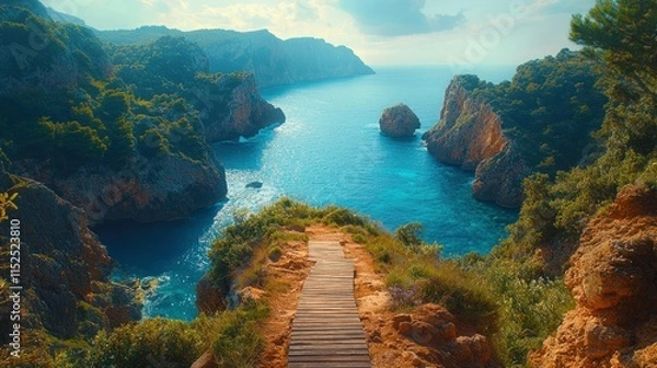 Fototapeta A scenic coastal view featuring a wooden path leading to a tranquil blue sea.