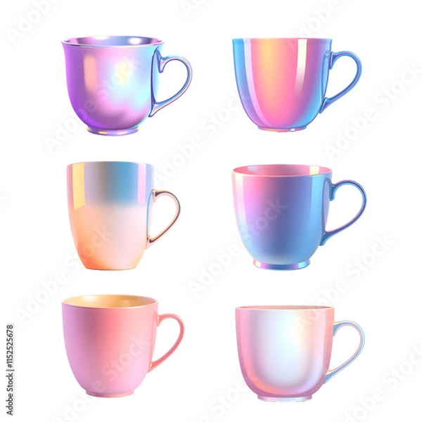 Obraz Modern Iridescent Mugs on Transparent Background: Six Ceramic Mugs with Unique Gradient Colors in Pastel Shades of Pink, Blue, Purple, and Peach, Featuring Glossy Finish and Complementary Handles for 