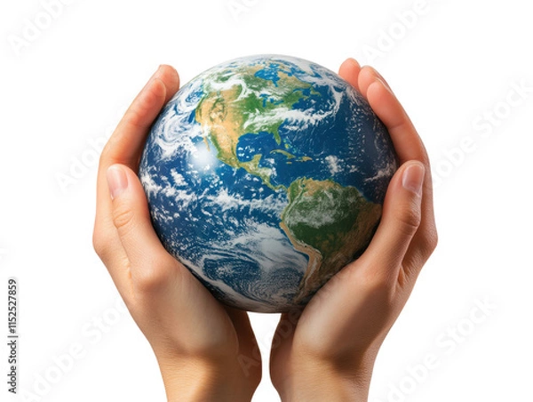 Obraz Hands gently holding a detailed miniature globe with continents and oceans visible, symbolizing care, global connection, and planet Earth isolated on transparent background