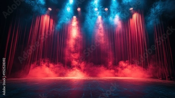 Fototapeta A dramatic stage setup with colorful lights and smoke, ready for a performance.