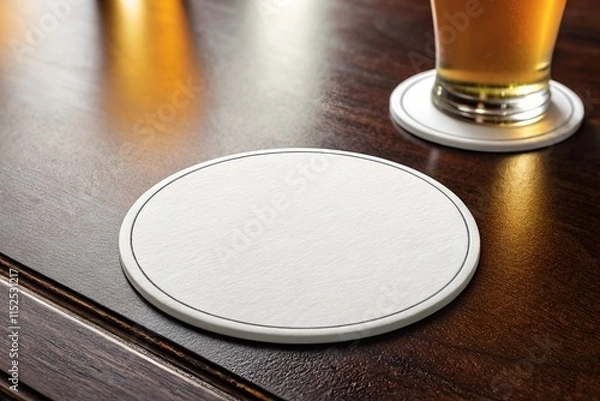 Fototapeta White coaster in a restaurant: Clean and blank, perfect for showcasing a beverage or brand. Ideal for use in pubs, bars, or cafes to enhance dining and drinking experience.