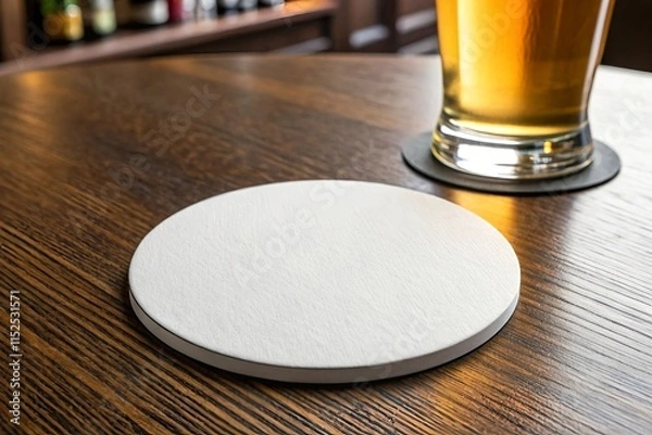 Fototapeta White coaster in a restaurant: Clean and blank, perfect for showcasing a beverage or brand. Ideal for use in pubs, bars, or cafes to enhance dining and drinking experience.