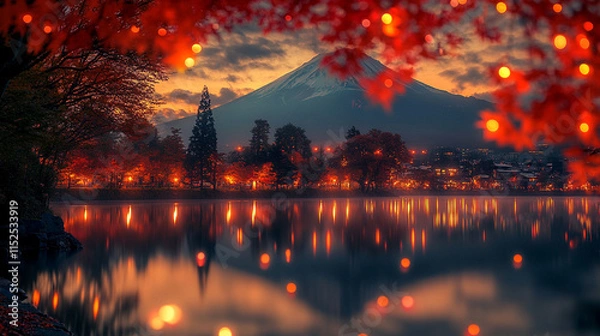 Fototapeta A vibrant autumn scene at Lake Kawaguchiko with colorful red leaves, morning fog, and the majestic Mount Fuji in the background, symbolizing tranquility, change, and natural beauty in Japan

