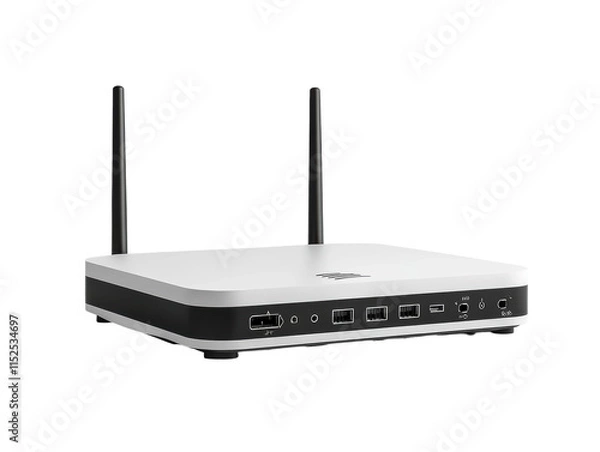 Obraz Modern wireless Wi-Fi router with sleek silver design, dual antennas, glowing indicator lights, fast internet connection, and advanced technology for home networking isolated on transparent background