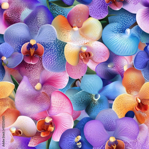 Fototapeta Vibrant seamless pattern of colorful orchids in various shades and textures, showcasing their intricate details and beauty. Perfect for floral designs and backgrounds