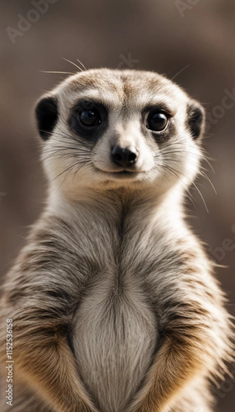 Fototapeta Portrait of a meerkat standing upright and looking alert isolated on white background vertical