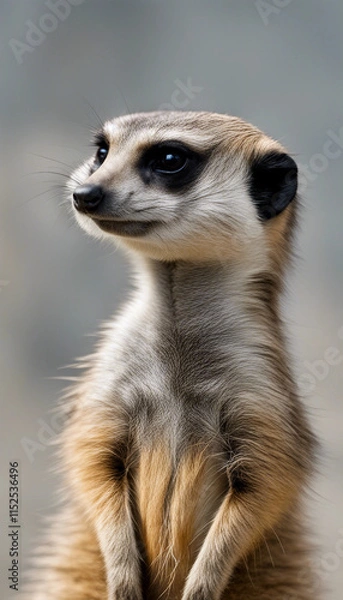 Fototapeta Portrait no 3 of a meerkat standing upright and looking alert isolated on white background vertical