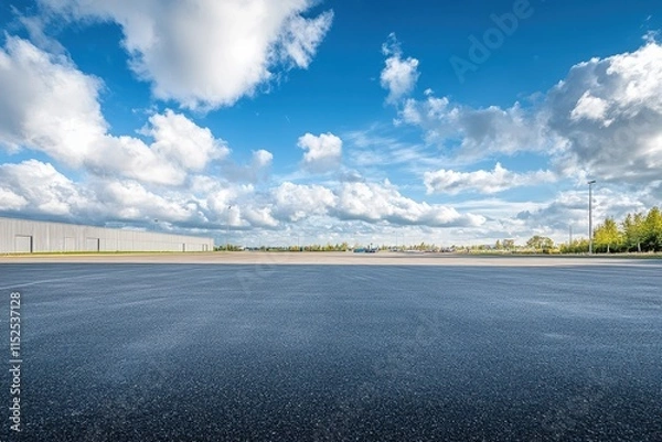 Fototapeta Empty asphalt parking lot under a bright blue sky with fluffy clouds.