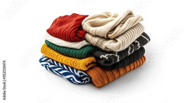 Obraz Cozy stack of knitted garments on a white background