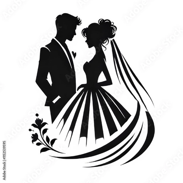 Obraz "Elegant Wedding Silhouette: Romantic Bride and Groom with Floral Frame in Minimalist Black and White Design"