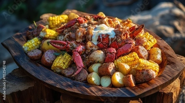 Fototapeta A rustic Alaskan King Crab boil served with corn, potatoes, and sausage, topped with melted butter, in a seaside wooden platter 