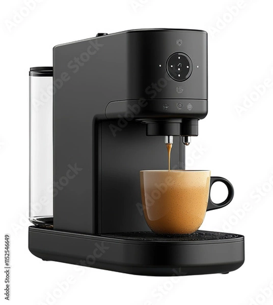 Fototapeta Modern black coffee machine brewing fresh espresso into a cup, sleek appliance design for aromatic beverages and kitchen convenience isolated on transparent background